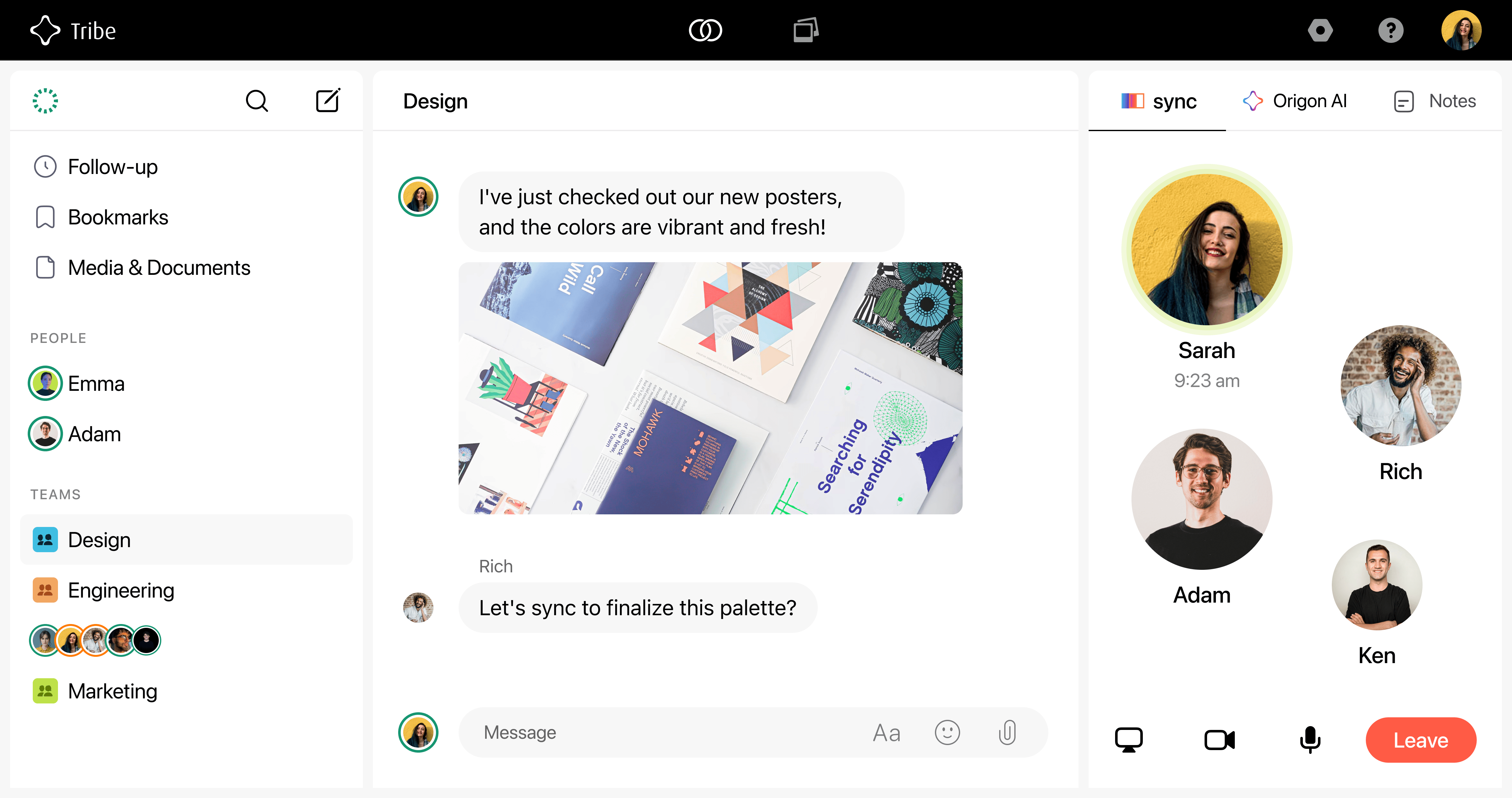 Interactive team call on Tribe's platform with profile images of participating team members around the screen, while the central chat features Rich's message about coordinating on design choices for new vibrant posters.