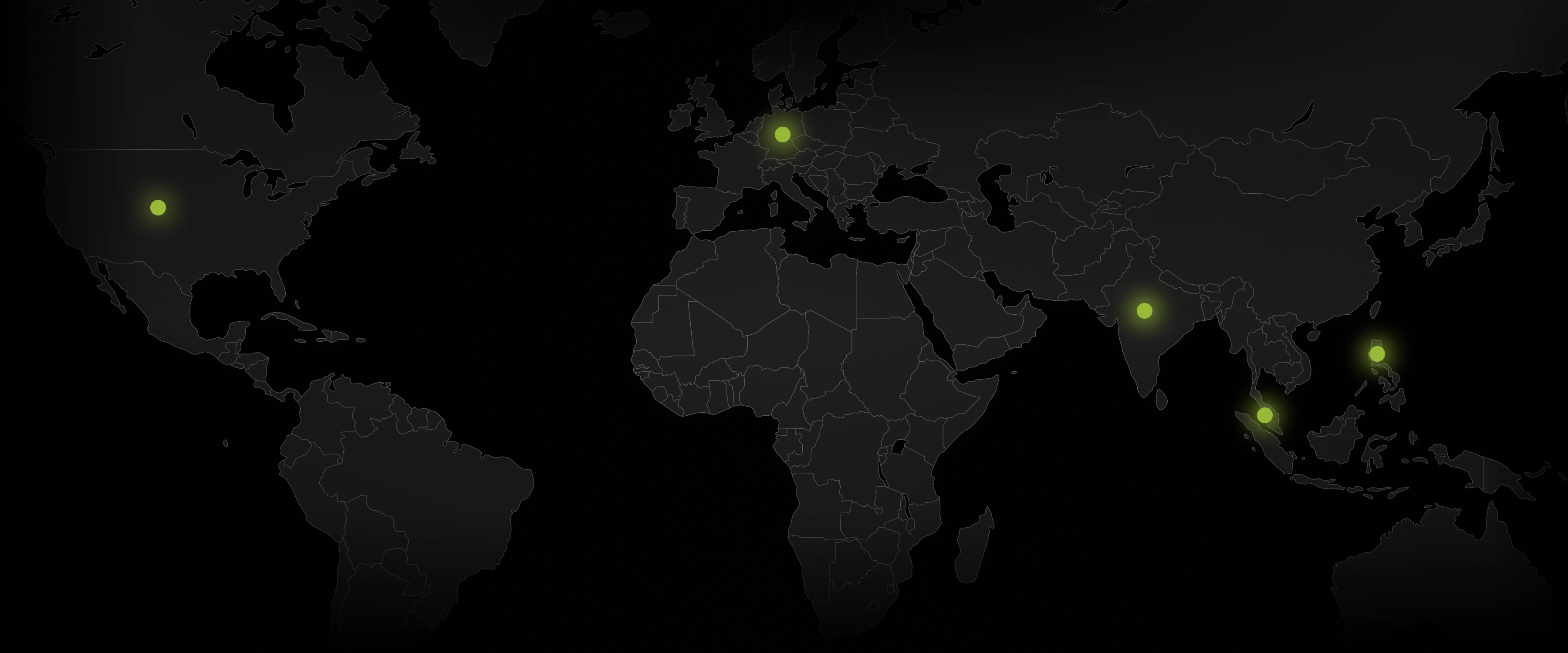 Global map displaying the distribution of Samespace's data centers, represented by bright blue circles against a dark background, symbolizing the company's international infrastructure footprint.