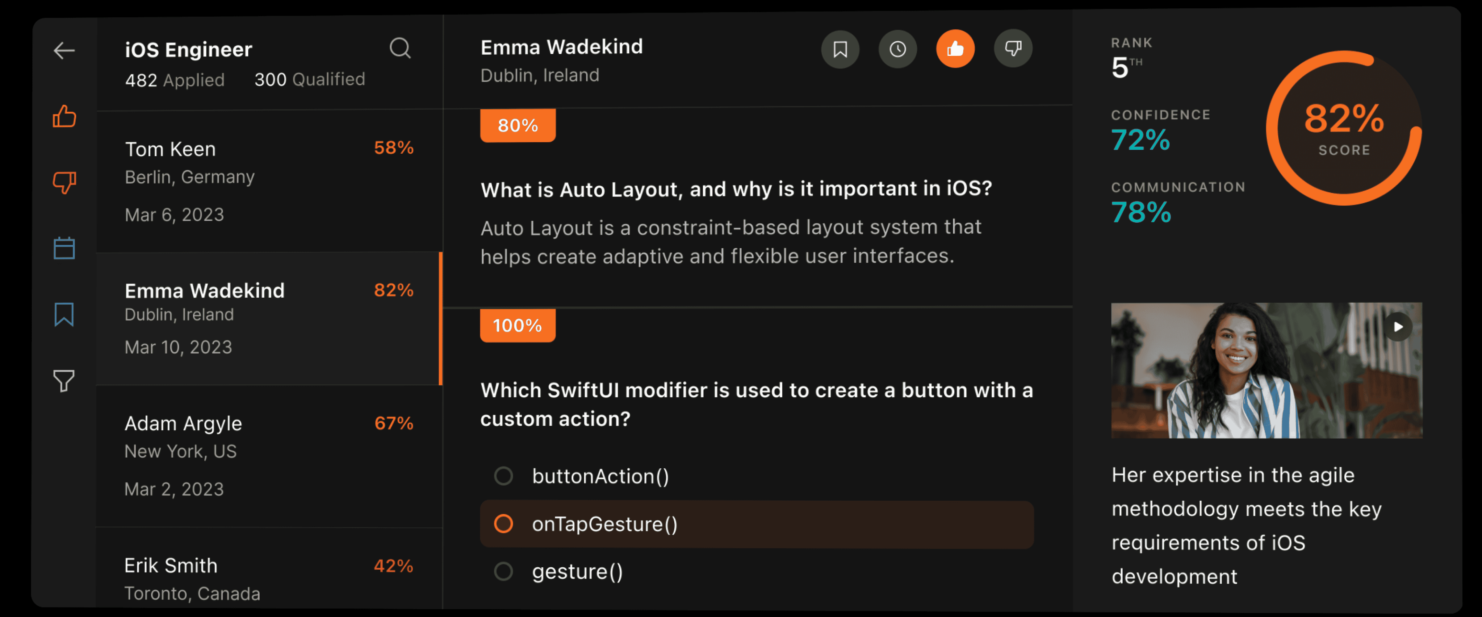 Interface showing a detailed view of an 'iOS Engineer' applicant named Emma Wadekind in Circle's screening system, with a list of other candidates, their screening percentages, and action buttons like 'shortlist' and 'reject'. A section for Emma displays her score in key metrics and a summary of her qualifications.