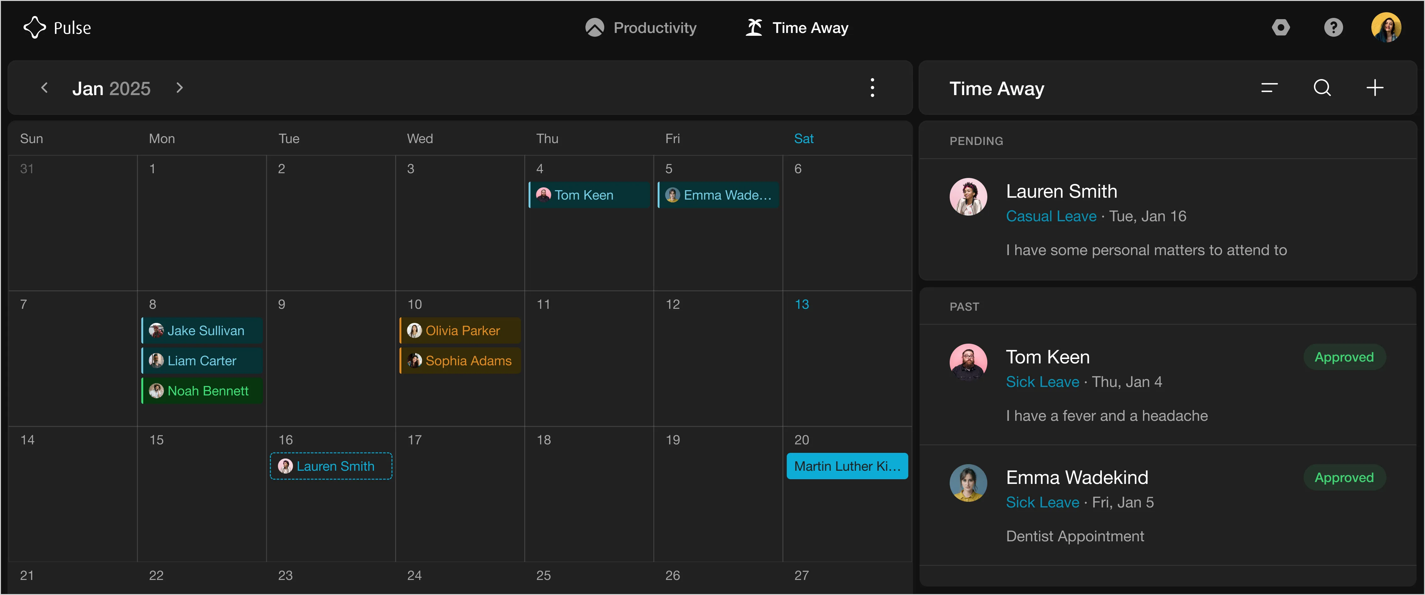 Pulse’s leave management dashboard displaying a list of leave requests from the Engineering team, with details such as name, duration, type of leave, and notes. Tom Keen’s request is awaiting approval, with options to 'Approve' or 'Deny'.