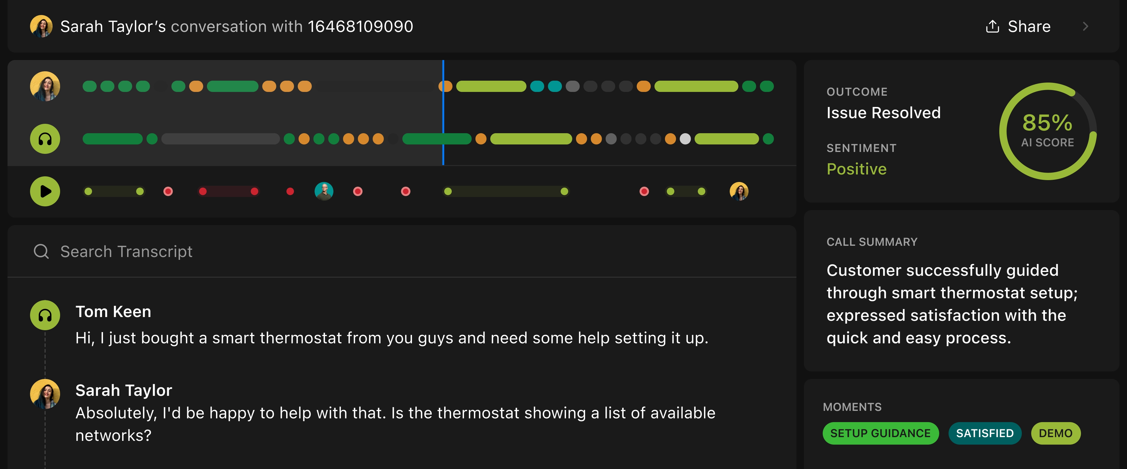 Wave's AI-driven conversation interface, showing a detailed analytics breakdown of a customer support call, where the left portion highlights the conversation transcript and the right portion summarizes the outcome, sentiment, and key moments.