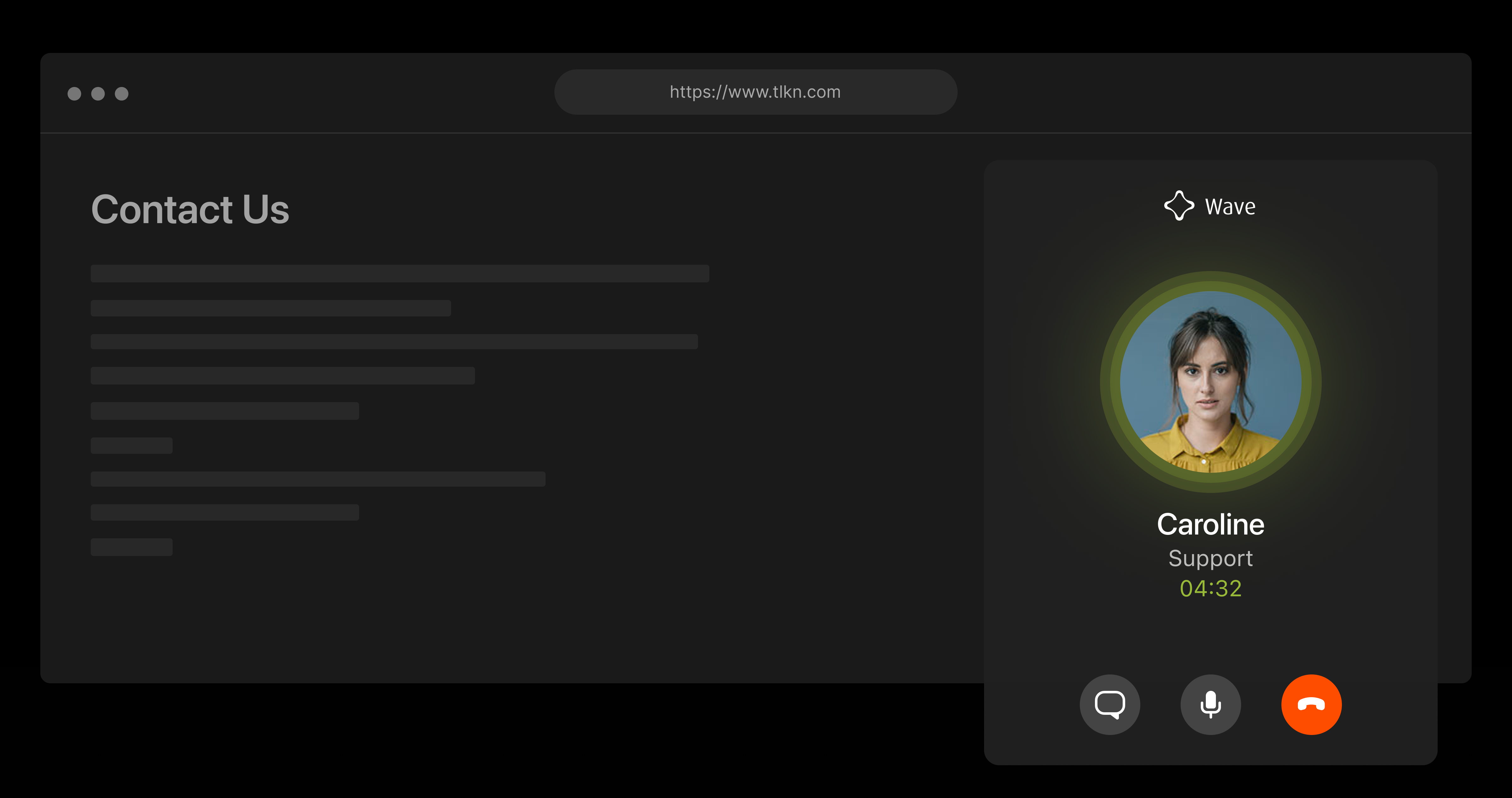 Dark-themed customer service web call screen showing a portrait of a representative named Caroline from Wave, along with call management buttons and a live call timer.